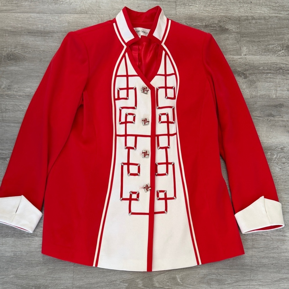 Salvatore Cavalli Red White Embellished Jacket Vintage Style Art Deco Buttons 14